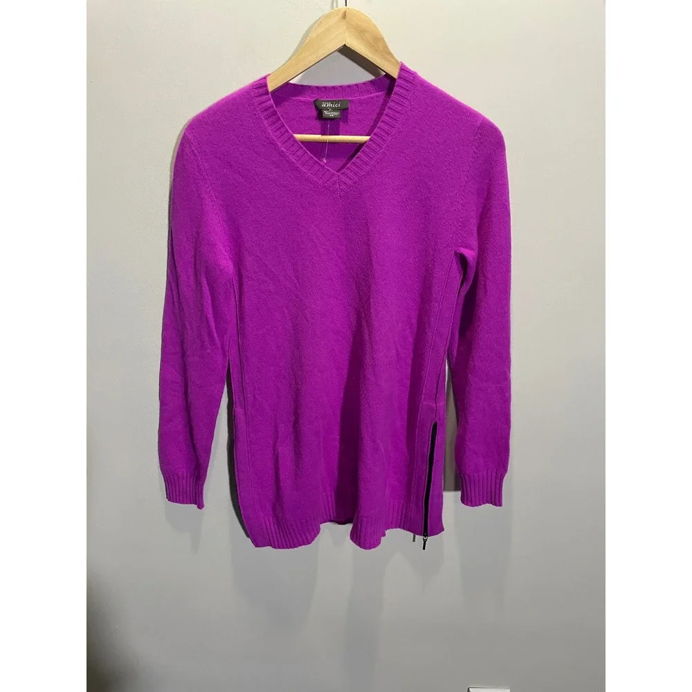 Pure Amici Sweater Women XS Purple‎ 100% Cashmere V-Neck Side Zip Knit Pullover